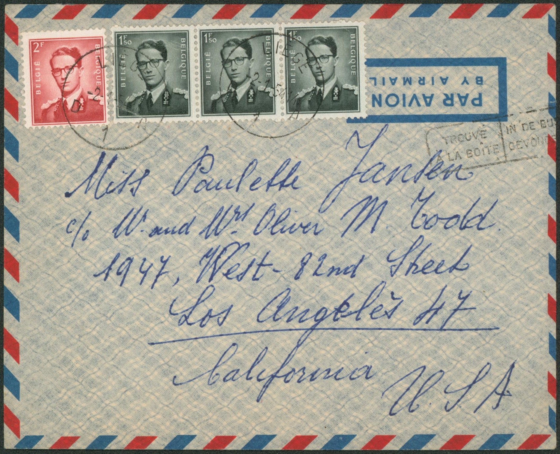 Baudouin à lunettes - 1F50 x3 et 2F sur lettre par avion de Liège > Los angeles (California, USA).