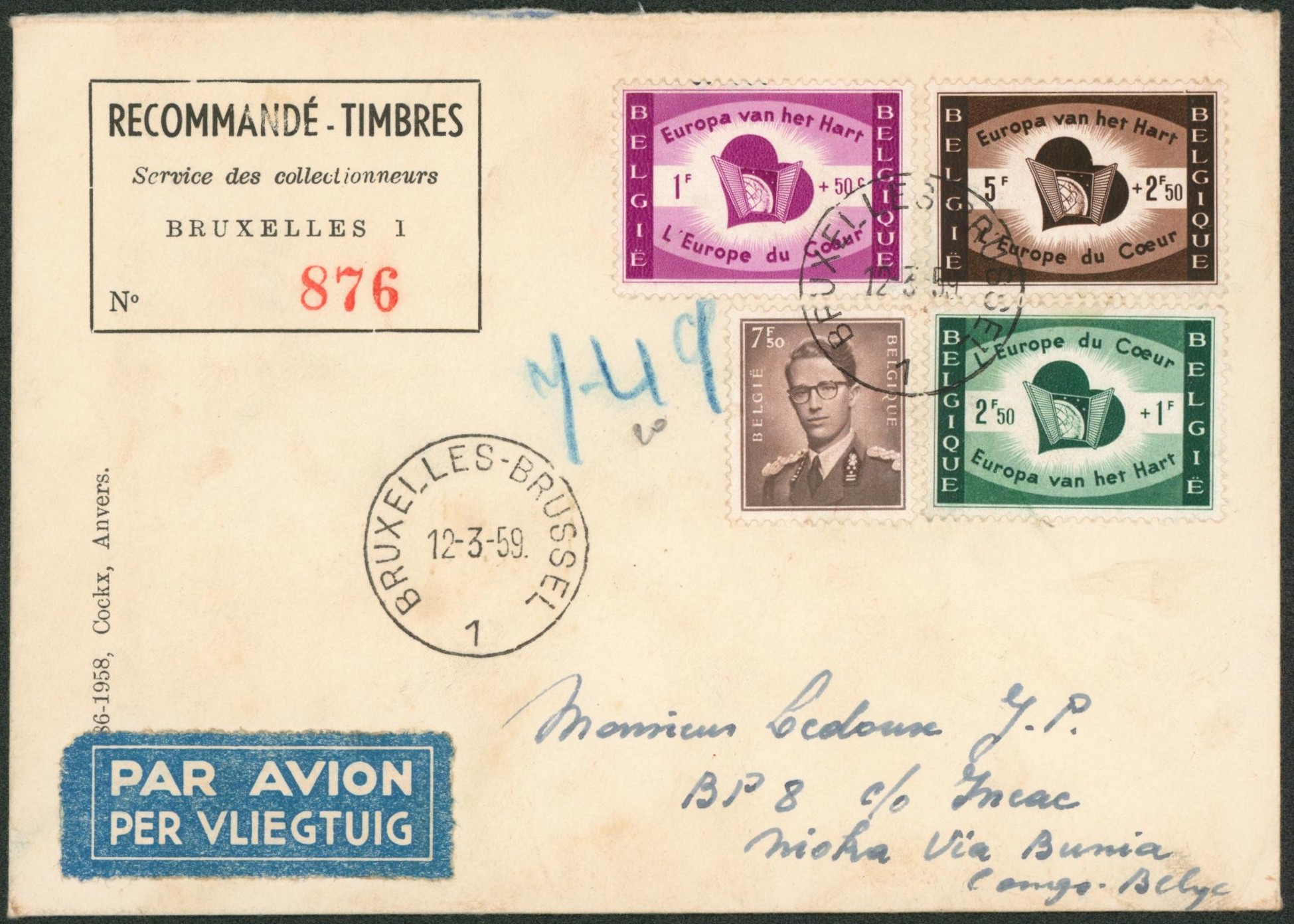 Affranch. Mixte dont baudouin à lunettes sur lettre par avion (service des collectionneurs) > Mioka via Bunia (Congo Belge).