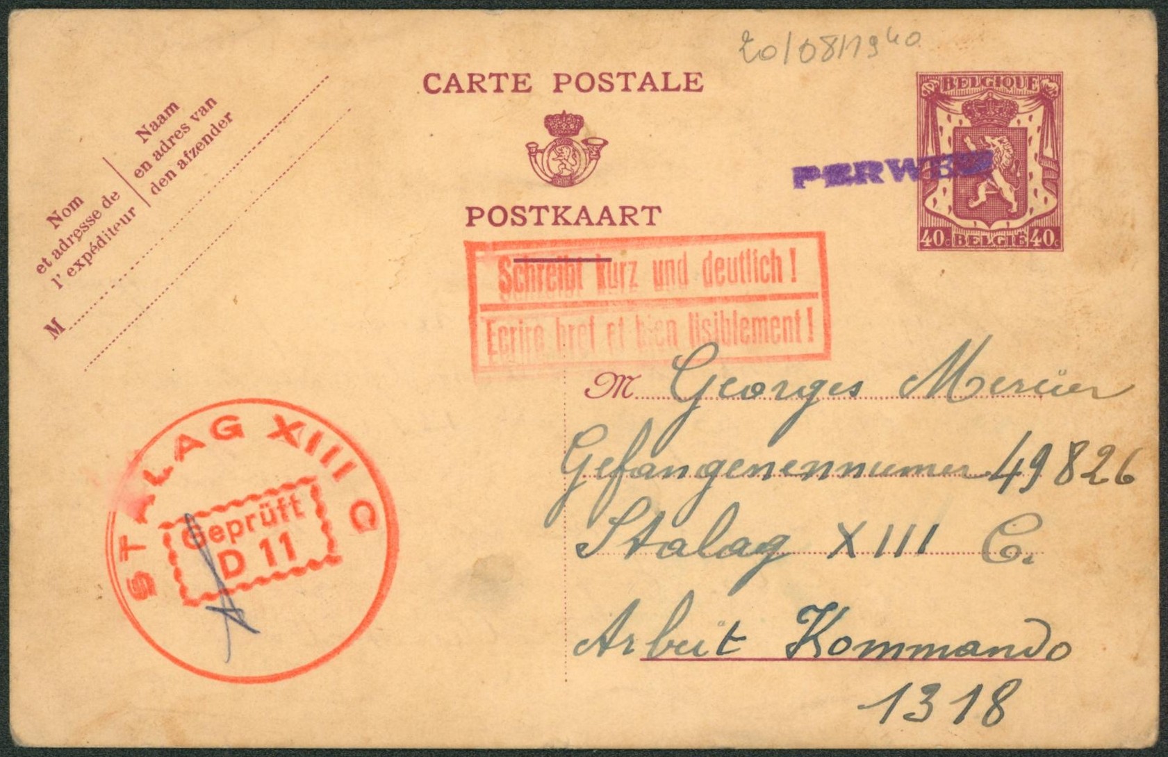 EP au type 40ctm petit sceau annulé par griffe de fortune PERWEZ > Stalag XIII C + censure du camp.