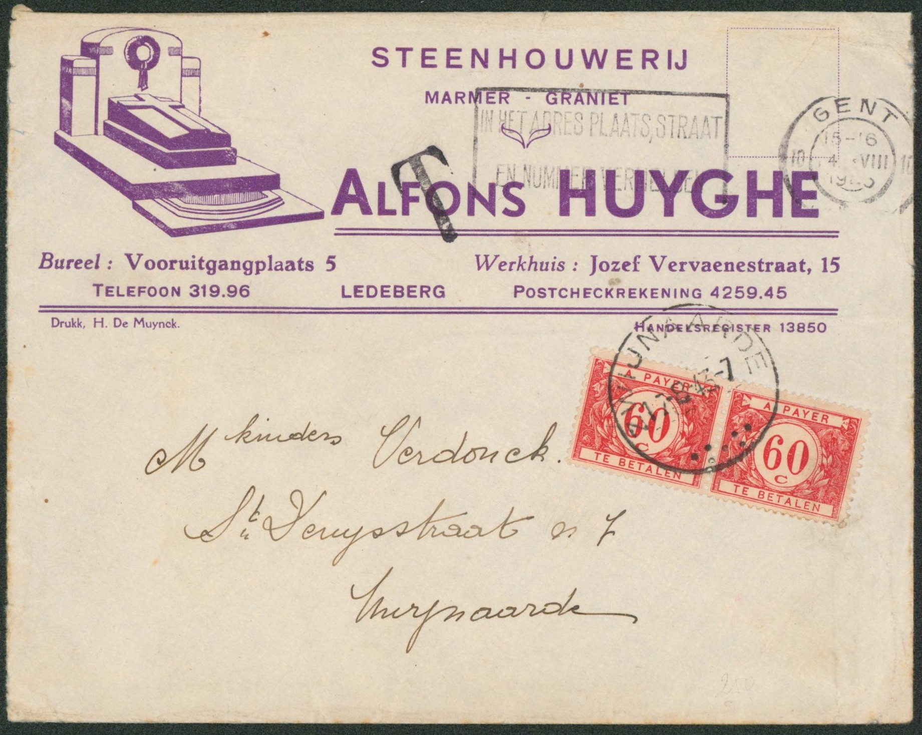 lettre illustrée (Steenhouwerij) expédié de Gent non affranchie > Zwijnaarde, taxé à 60ctm x2