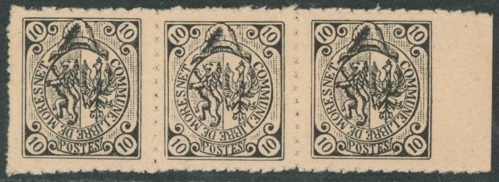 Poste locale - émission de J.B. Moens "commune libre de Moresnet" bande de 3 dont un timbre non dentelé à droite ! TB et R.