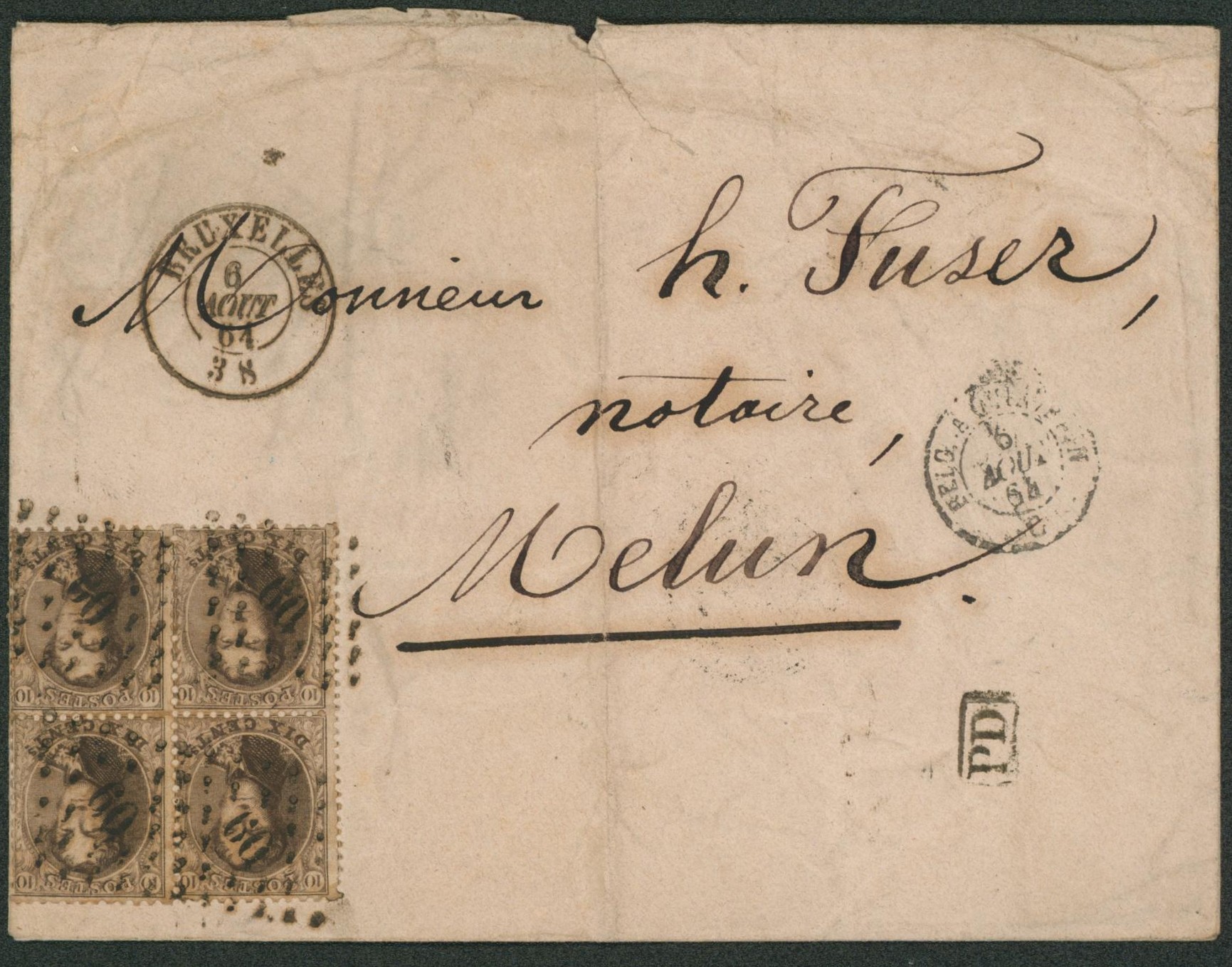 n°14 en bloc de 4 sur enveloppe obl Pt 60 çàd Bruxelles (1860) > Melun (France)