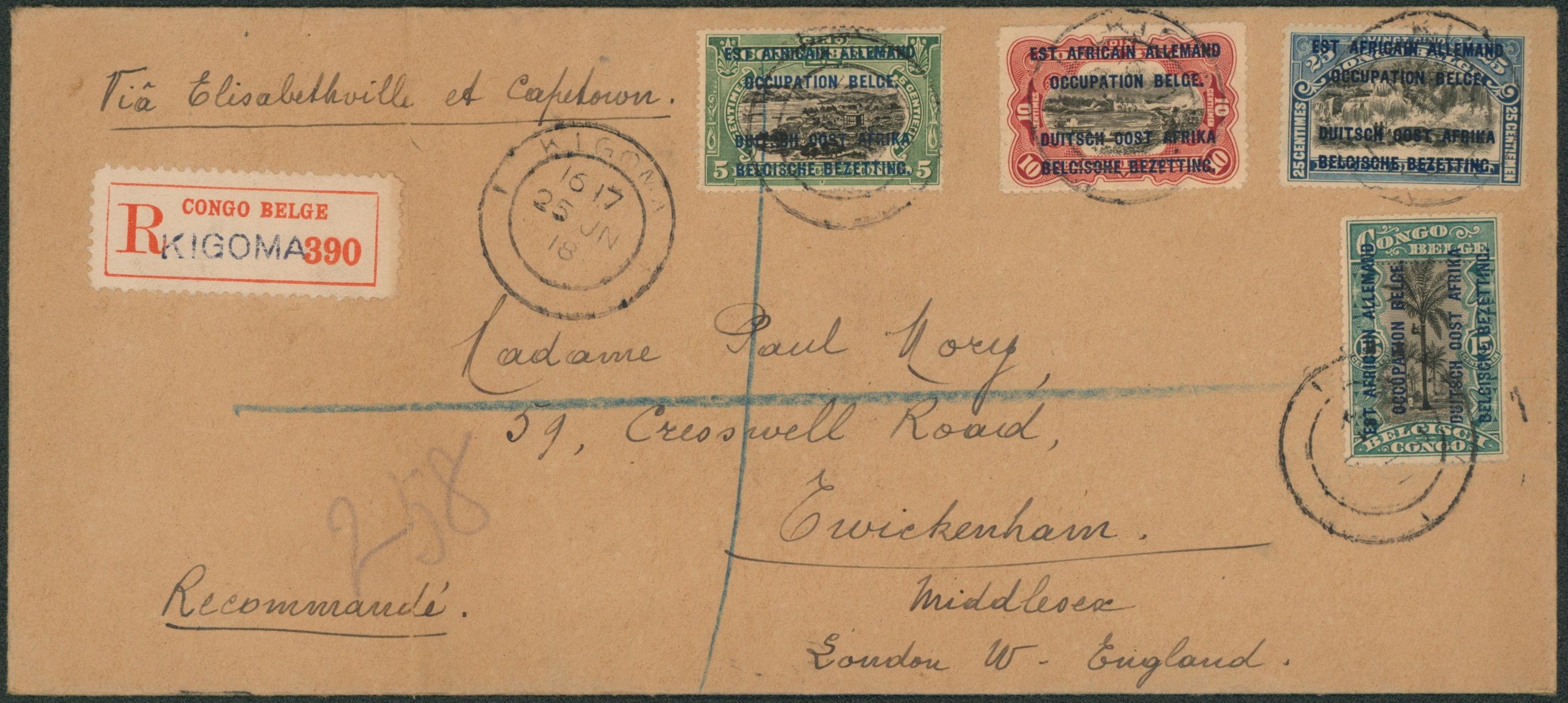 Ruanda-Urundi - affranch. Quadricolore sur lettre en recommandé de Kigoma via Elisabethville & capetown > Twickenham (London, Angleterre).  Verso CENSURE MILITAIRE KIGOMA LE 24 JUIN 1918 signé le censeur ! RR