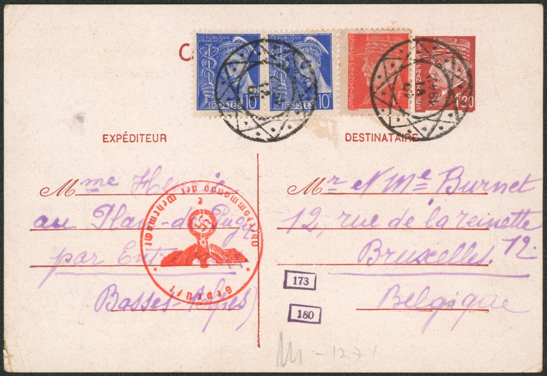 France - WWII : EP au type 1F20 Pétain + affranch. Mixte (non oblitéré) de "Le Plan" > Bruxelles + censure et cachet de contrôle belge annulant les timbres.