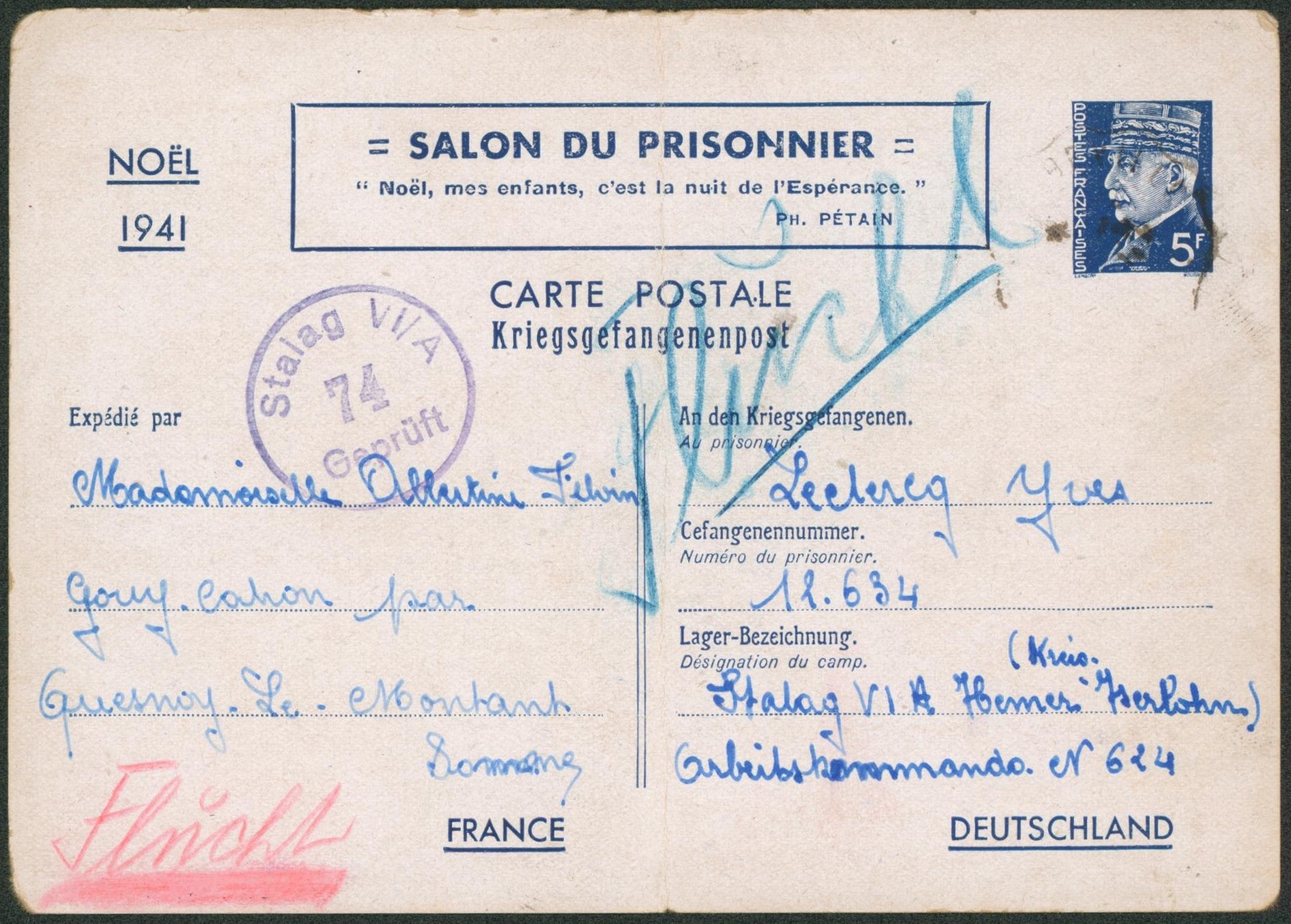 France - EP au type 5F bleu pétain + repiquage SALON DU PRISONNIER (noel 1941) de Quesnoy le montant > Stalag VI A + censure