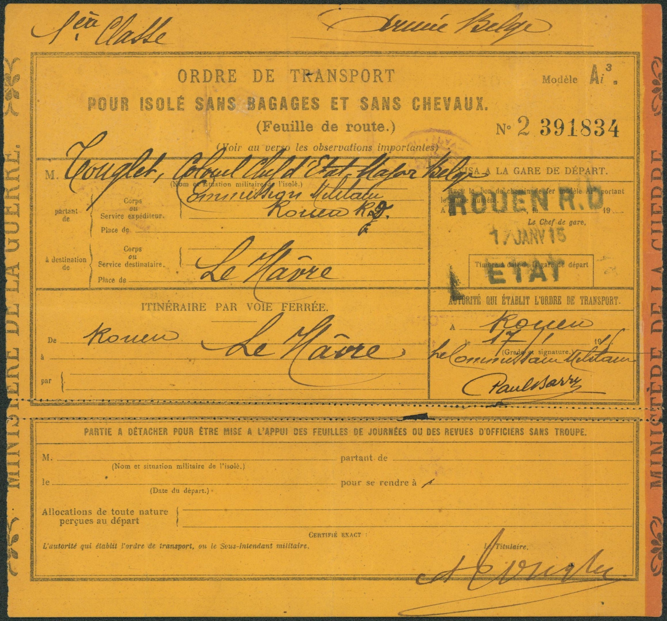 France - ordre de transport pour isolé sans bagages et sans chevaux (feuille de route, 1ère classe) de Rouen R.D. ETAT > Le havre