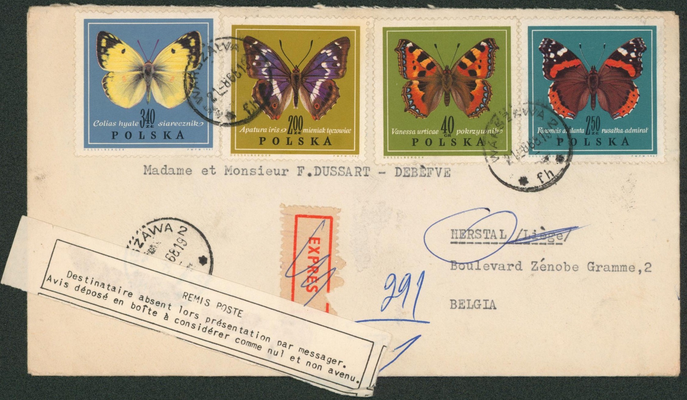 Pologne - série papillon sur lettre en expres de Warzawa (1968) > Herstal (Liège). Étiquette expres annulé + étiquette de la poste belge "Remis poste" (2 lignes). TB et R.