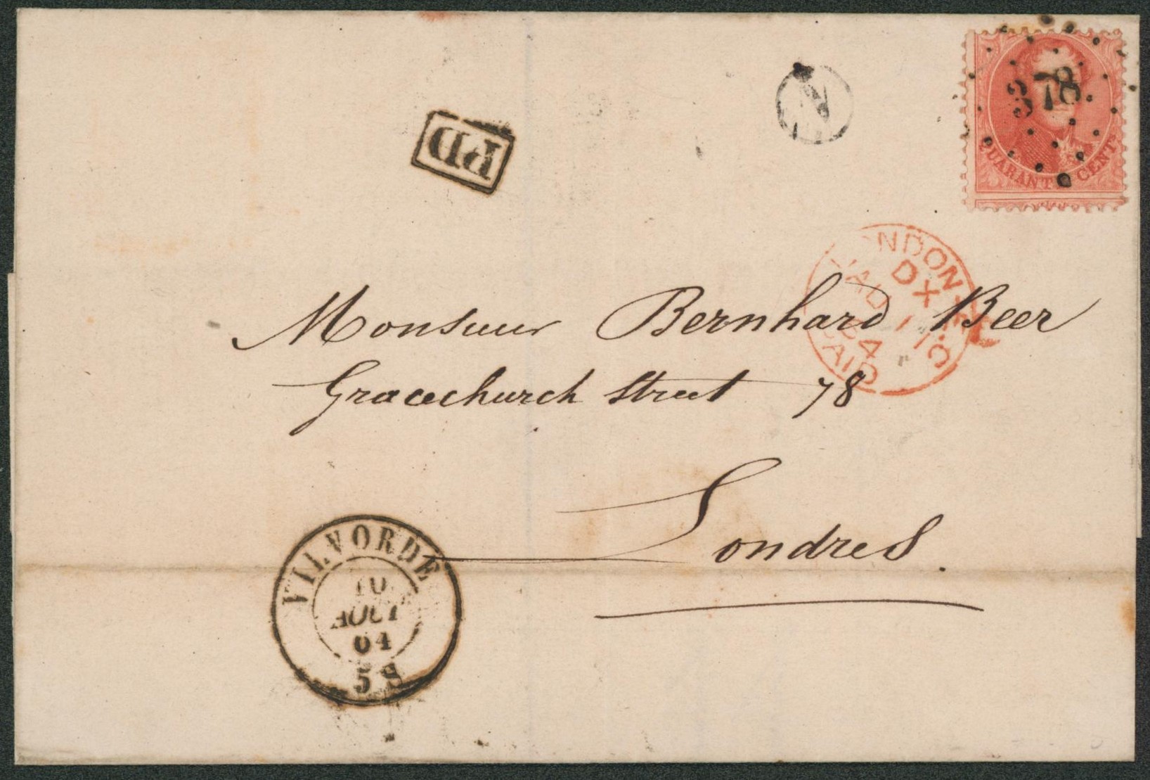n°16 sur LSC obl Pt 378 çàd Vilvorde (Luxe ! ) + boite rurale peu lisible (Repiquage SAVENTHEM) > Londres. Verso passage "Angleterre / Amb. Ouest 2" Belle fraicheur
