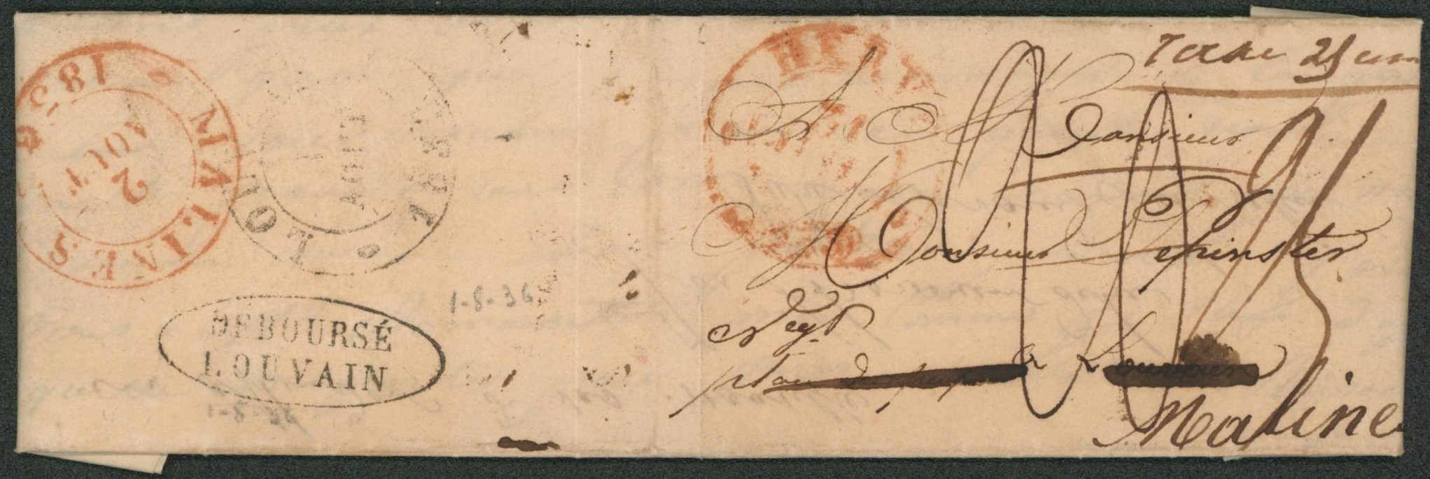 LAC datée de Herve (1833) + cachet dateur à Perles > Louvain, taxe rectifiée (+manuscrit). Déboursé Louvain et redirigé vers Malines. TB et R !