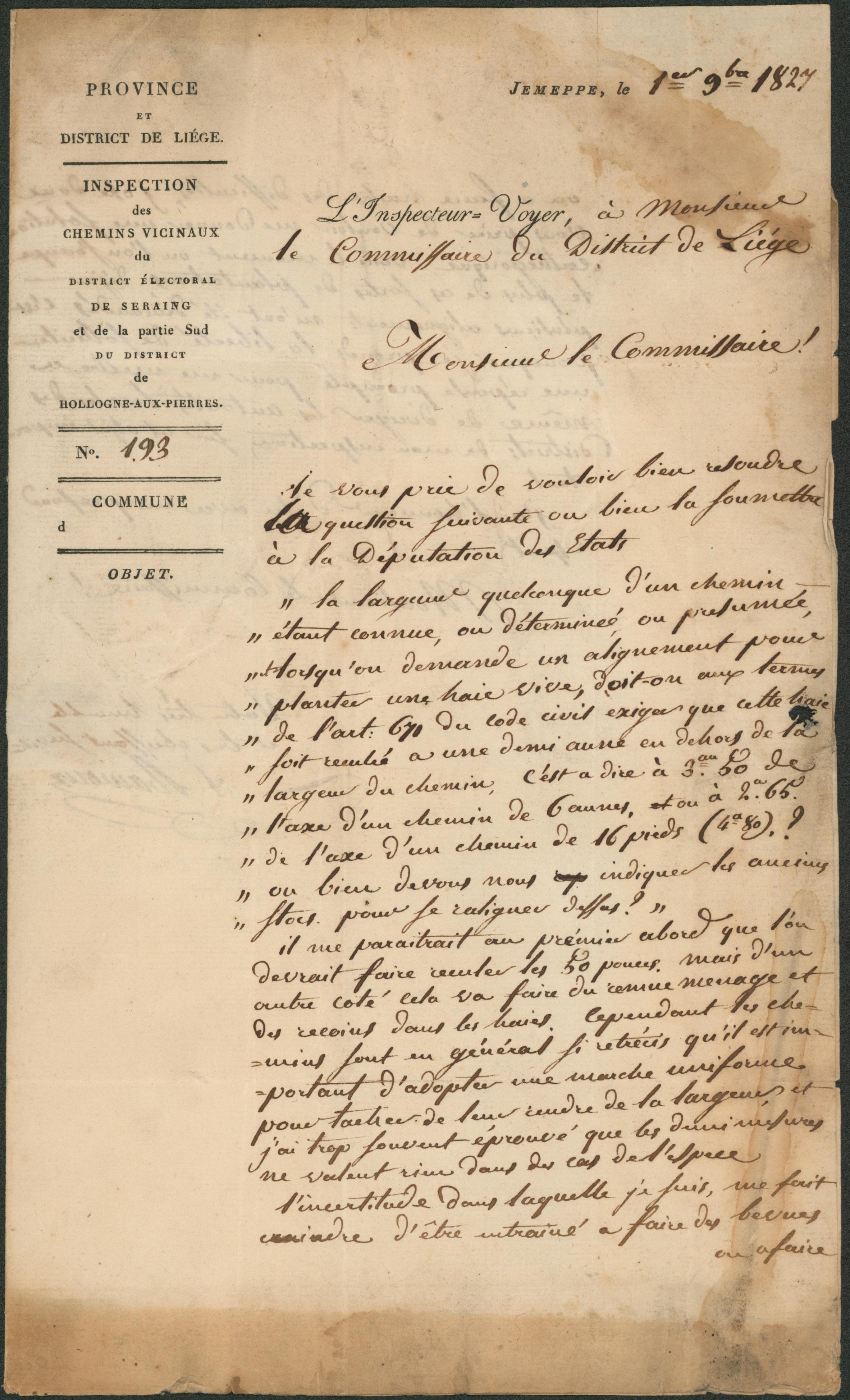 LAC imprimé daté de Jemeppe (1827) inspection des chemins vicinaux + griffe INSPECTEUR VOYER > Liège.