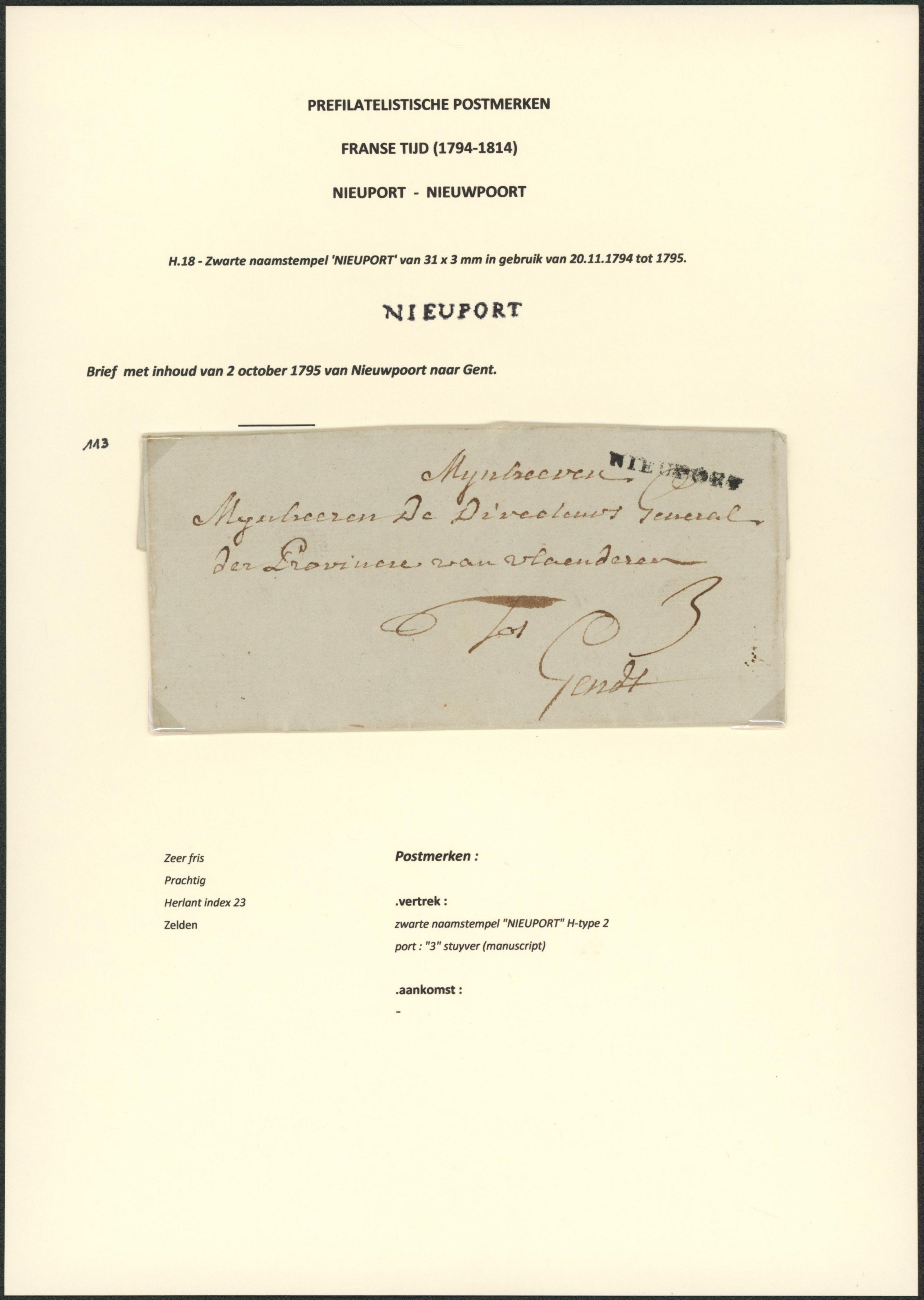 Page de collection - LAC datée de Nieuport (1795) + obl linéaire NIEUPORT(31 x3mm), port 3 stuyvers > Gand, Gendt.