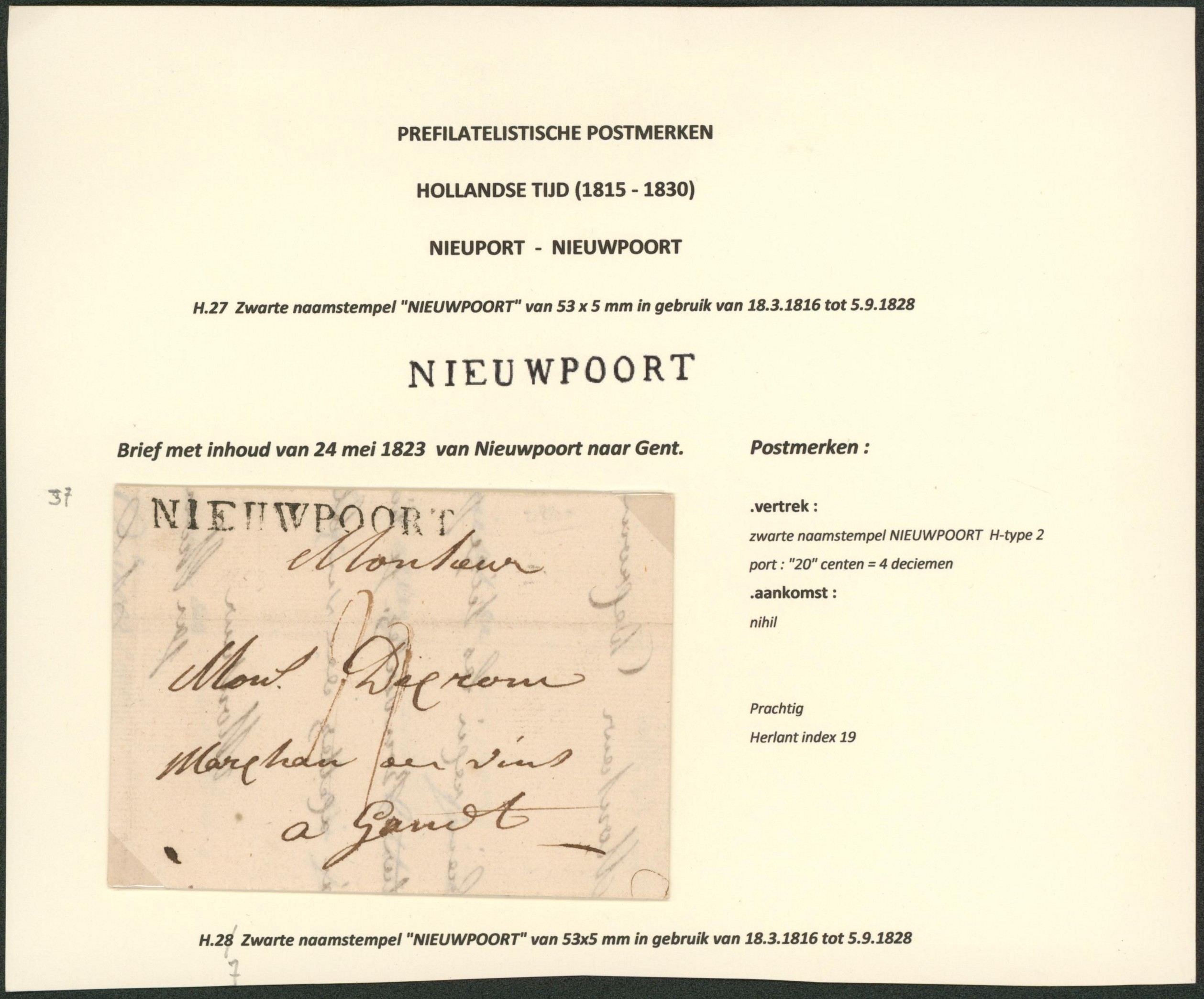 Page de collection - LAC datée de Nieuwpoort (1823, Nieuport) + obl linéaire NIEUWPOORT, port 20ctm > Gent, marchand de vins.