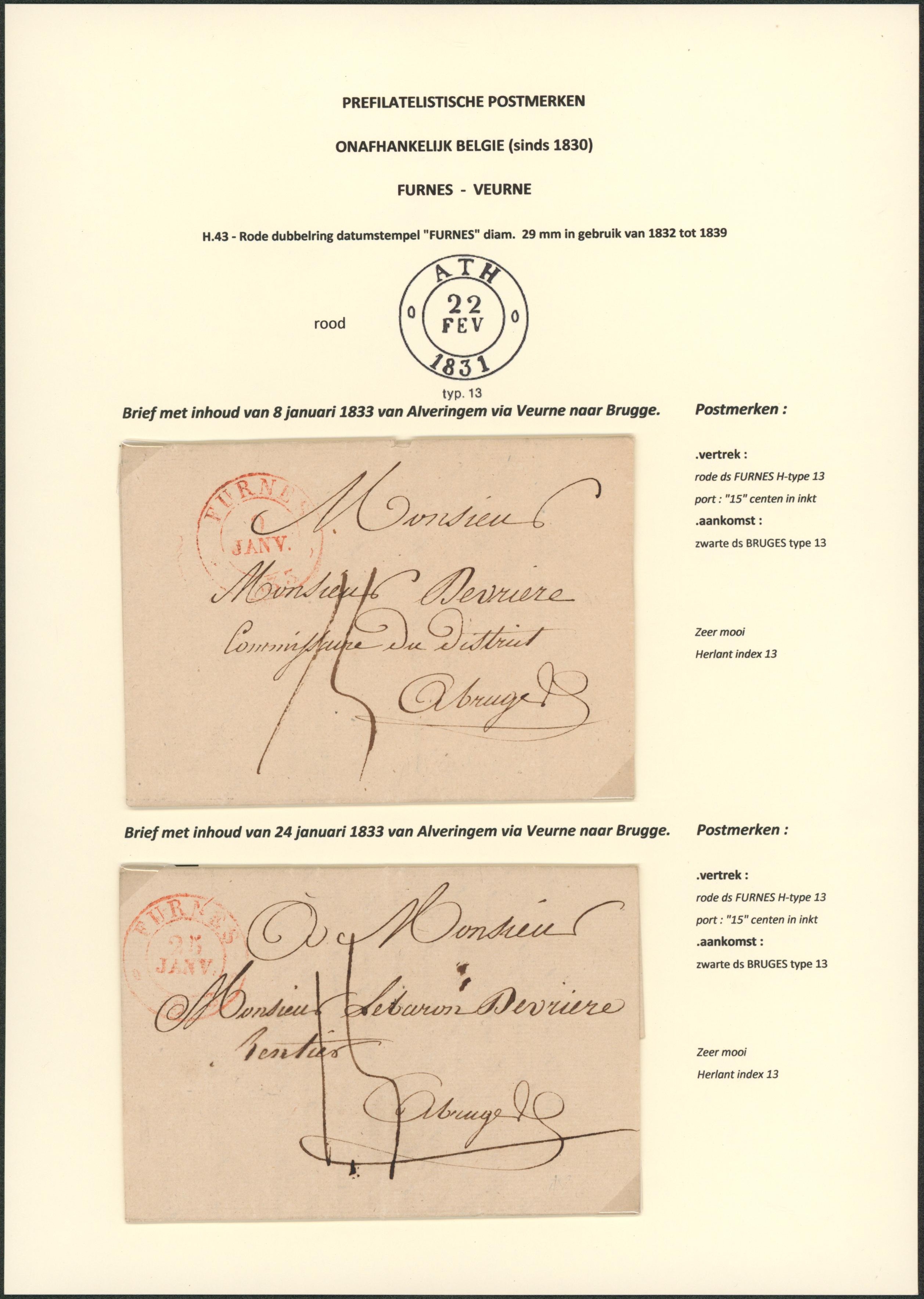 Page de collection - Lot de 2 LAC datée de Alveringhem (1833) + cachet dateur FURNES > Bruges (Commissaire de district & Baron Devrière, rentiés). Cachet dateur Type T13 à perles.