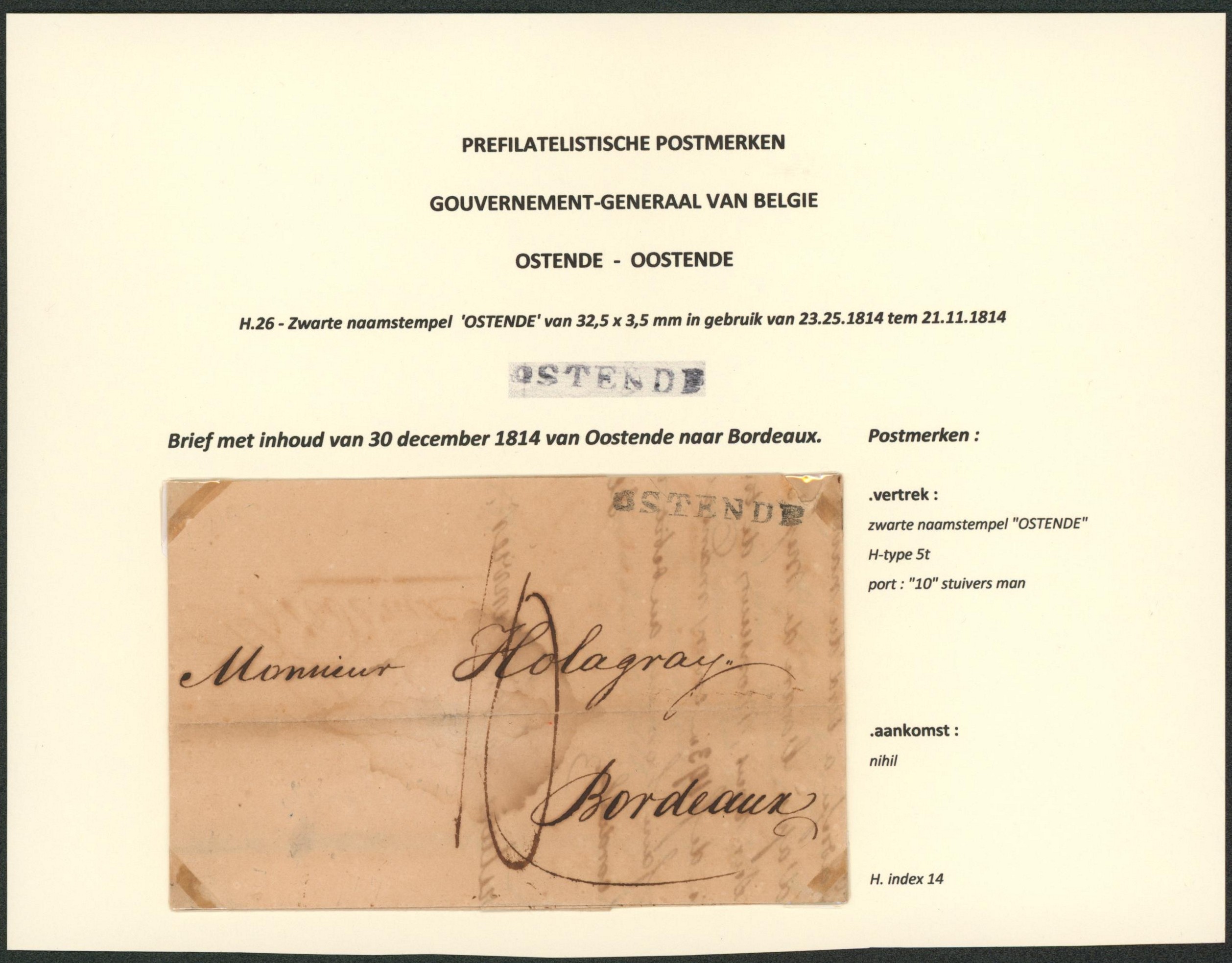 Page de collection - LAC datée de Oostende (1814) + obl linéaire OSTENDE 32,5 x 3,5 > Bordeaux / Gouvernement Général