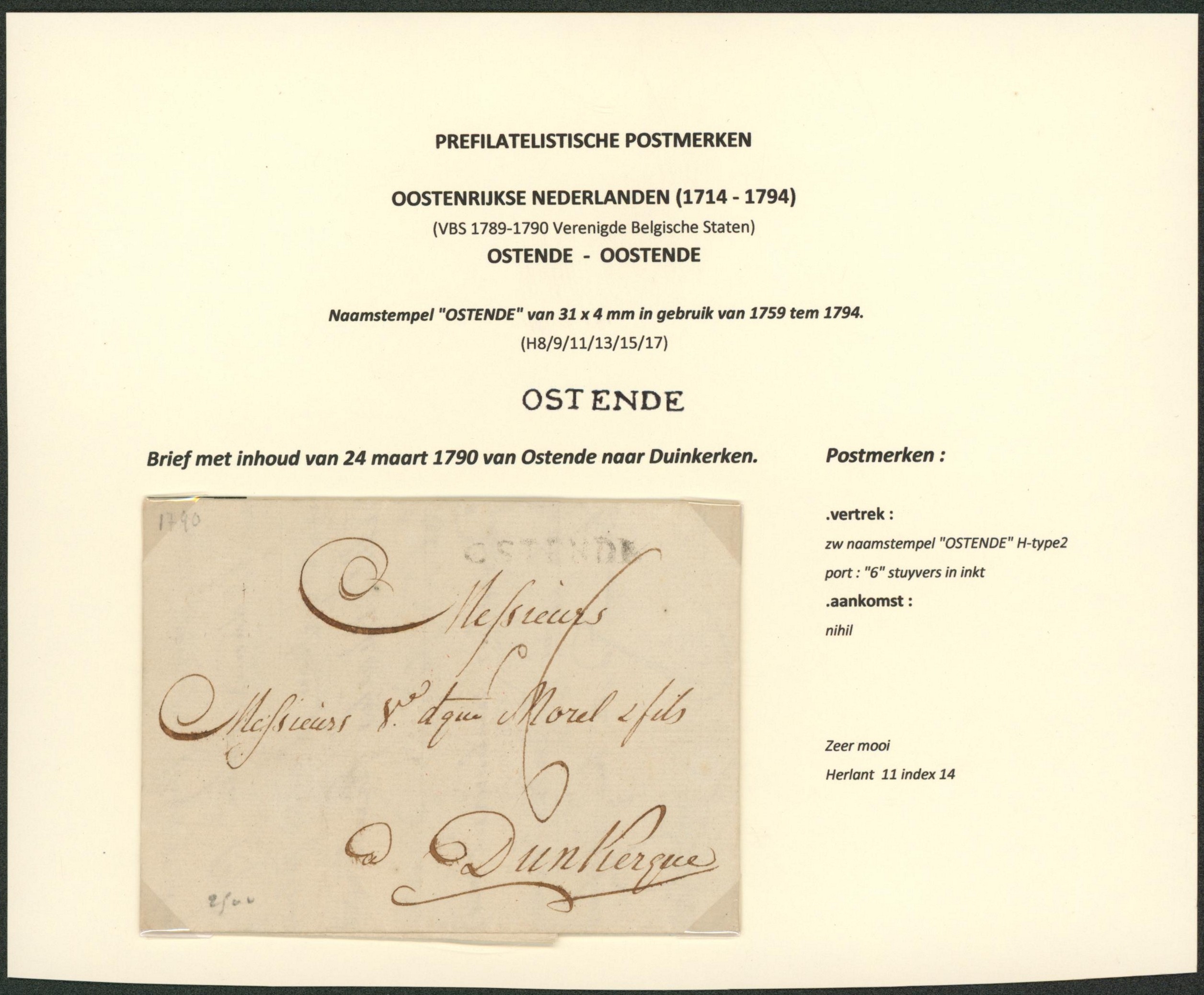 Page de collection - LAC datée de Oostende (1790) + obl linéaire OSTENDE > Dunkerke / Cachet à sec