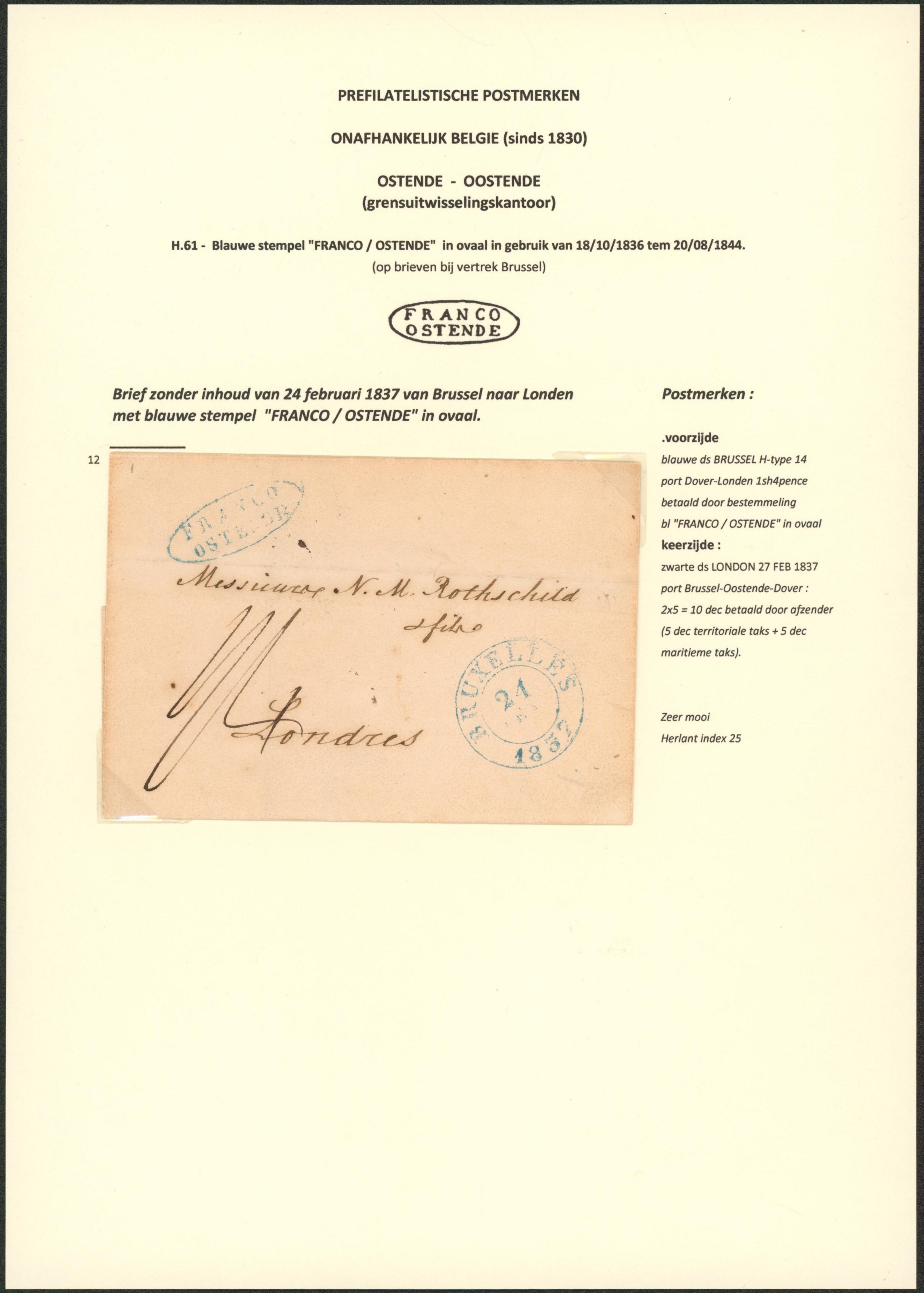 Page de collection - LSC + cachet dateur Bruxelles (24/2/1837) + cachet oval "Franco / Ostende" > Londres