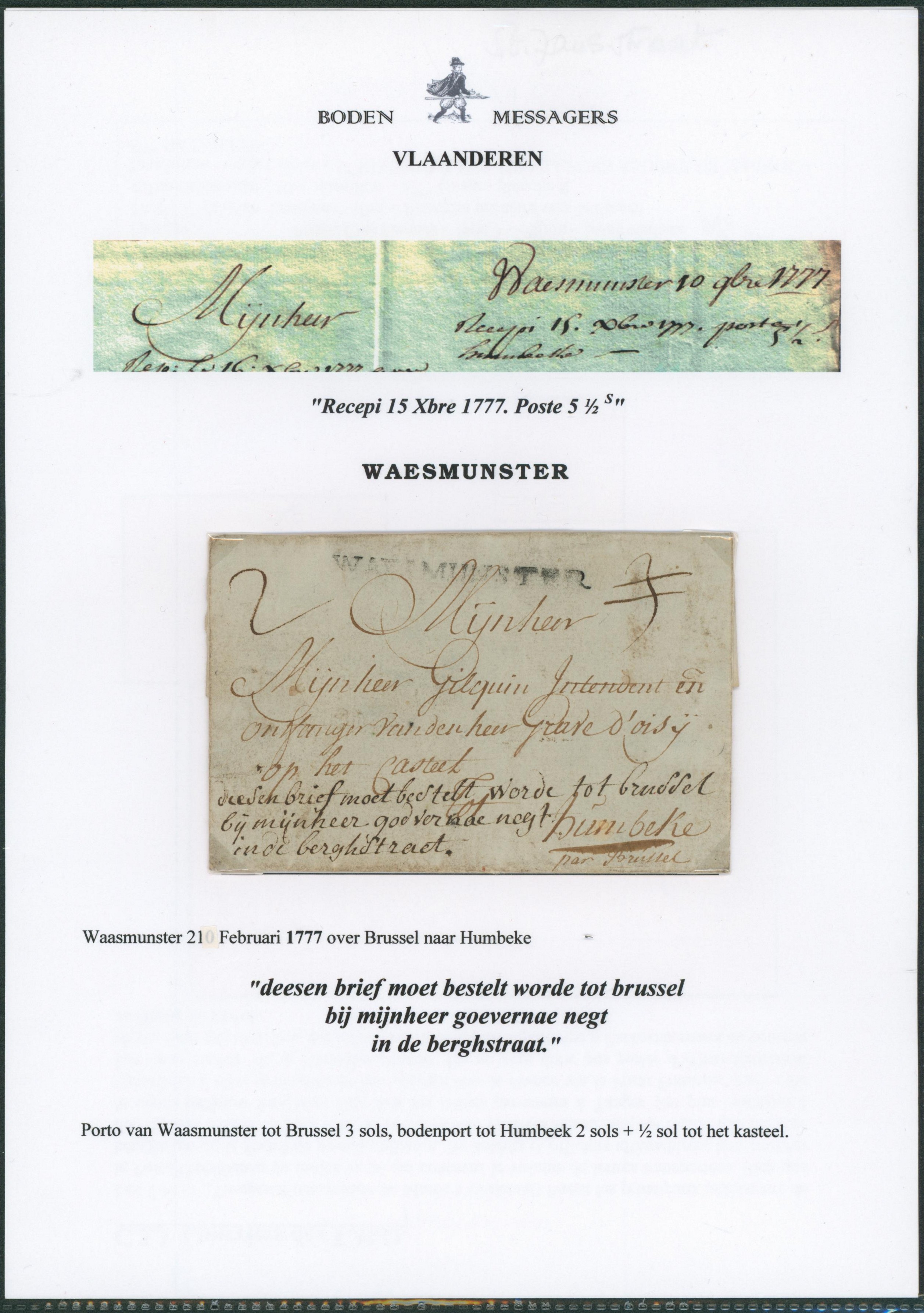 LAC datée de Waesmunster + obl linéaire WAESMUNSTER port rectifié (note manuscrite, coin inférieur gauche) > Humbeke. Port rémunération messager (Bode)