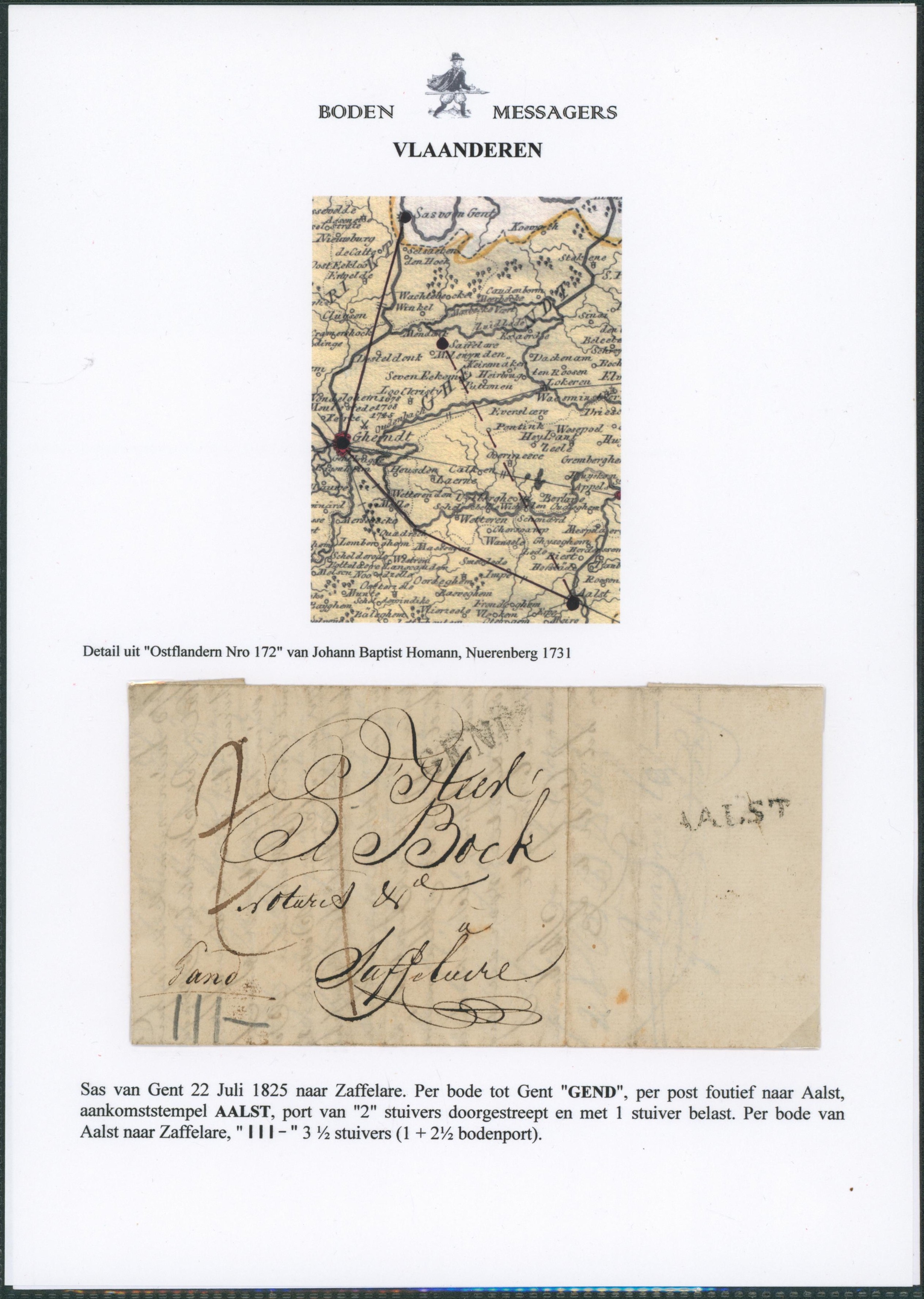 LAC datée (1825) Sas van Gent > Zaffelaere. Par messager, bode, à Gand, par courrier vers Alost / Aalst puis par messager vers Zaffelaere (III- çàd 3 ½ stuyvers)