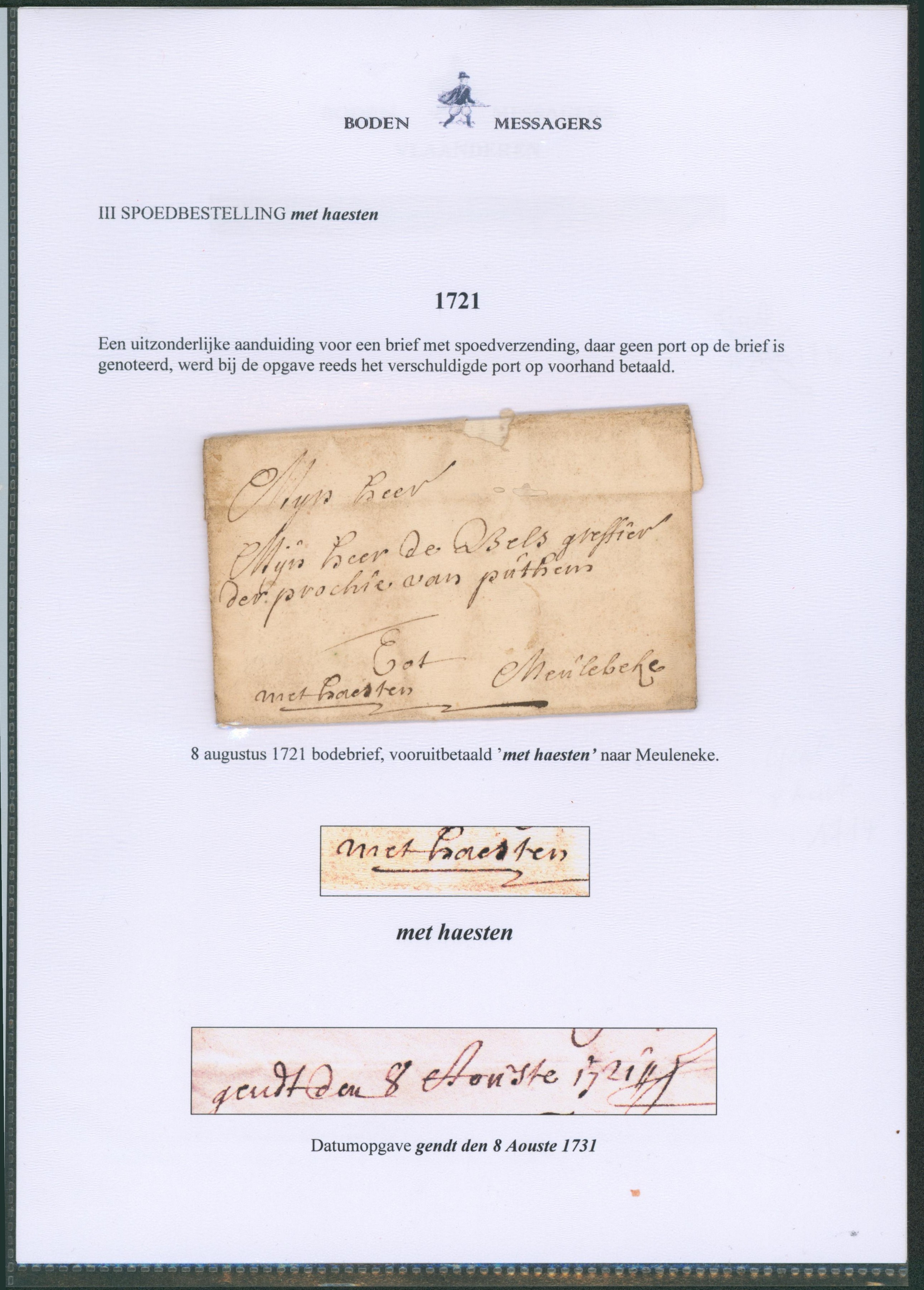 LAC datée (1721) expédié par messager / Boden de Gent met haesten (expres) > Meulebeke. TB et R !