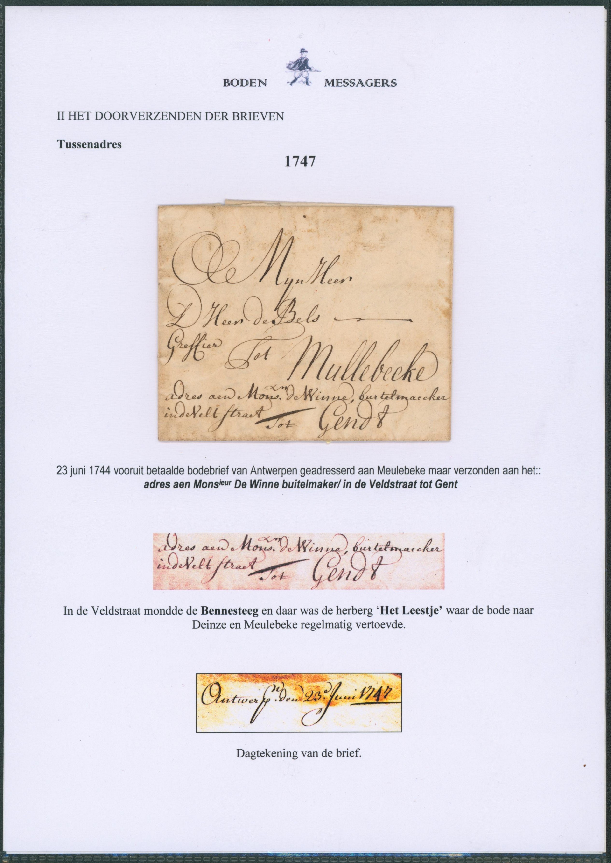 LAC datée (1744) par messager / boden Antwerpen > Meulebeke (Tussenadres) tot Gent