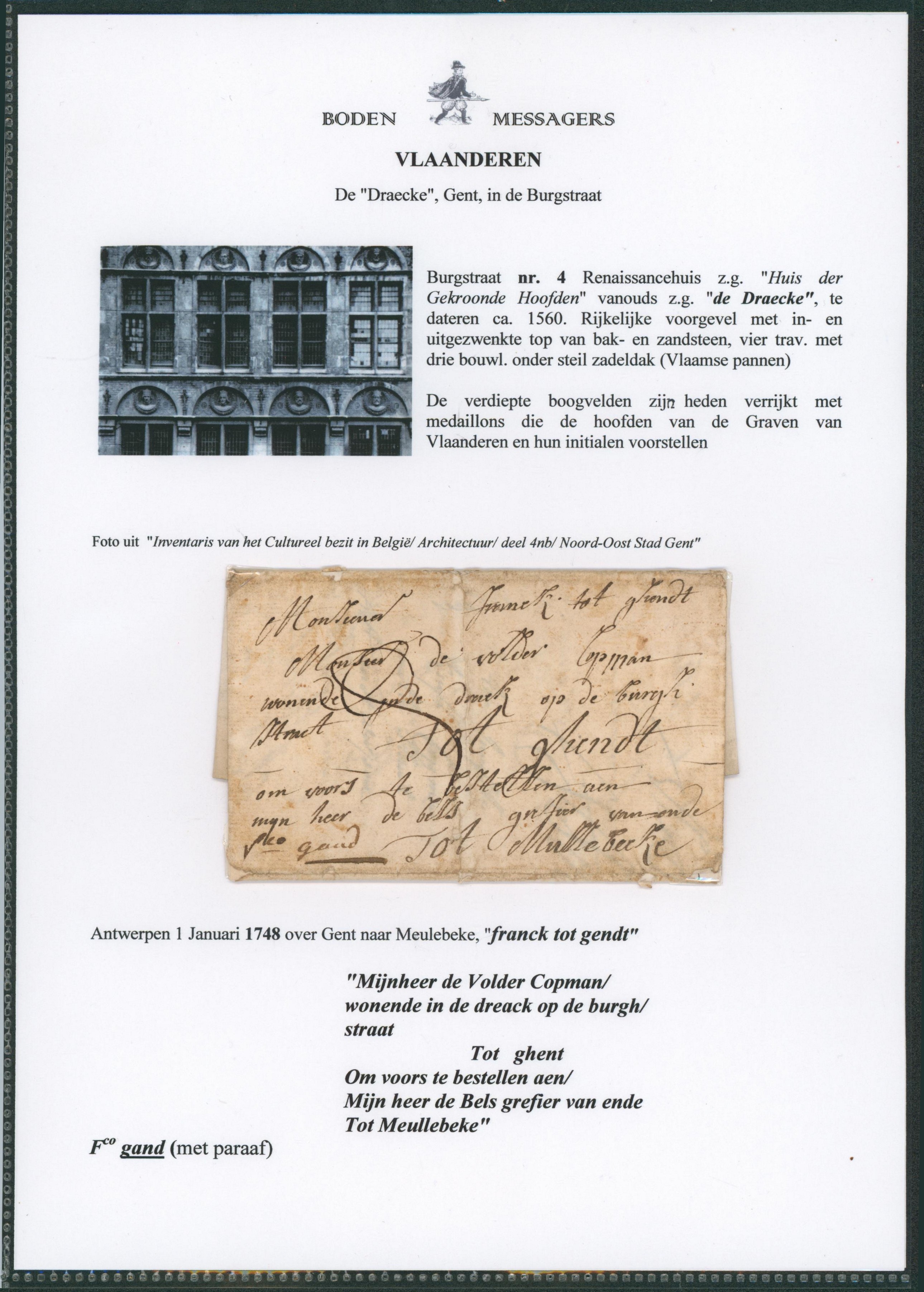 LAC datée (1748) par messager / boden Antwerpen > over Gent (Franck tot gendt, de draecke) naar Meulebeke + Manuscrit “Fco Gand"