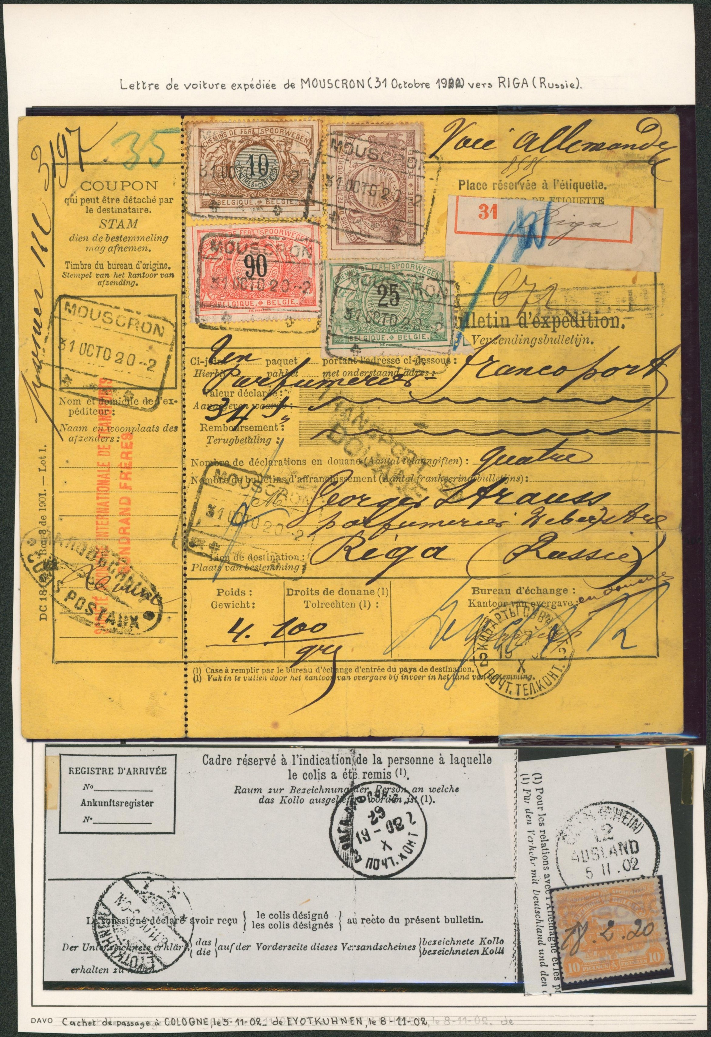 Page de collection - Lettre de voiture (complet) expédié de Mouscron (1920) çàd affranchissement timbre CDF soit 2F25ctm > Riga (Russie). Superbe !