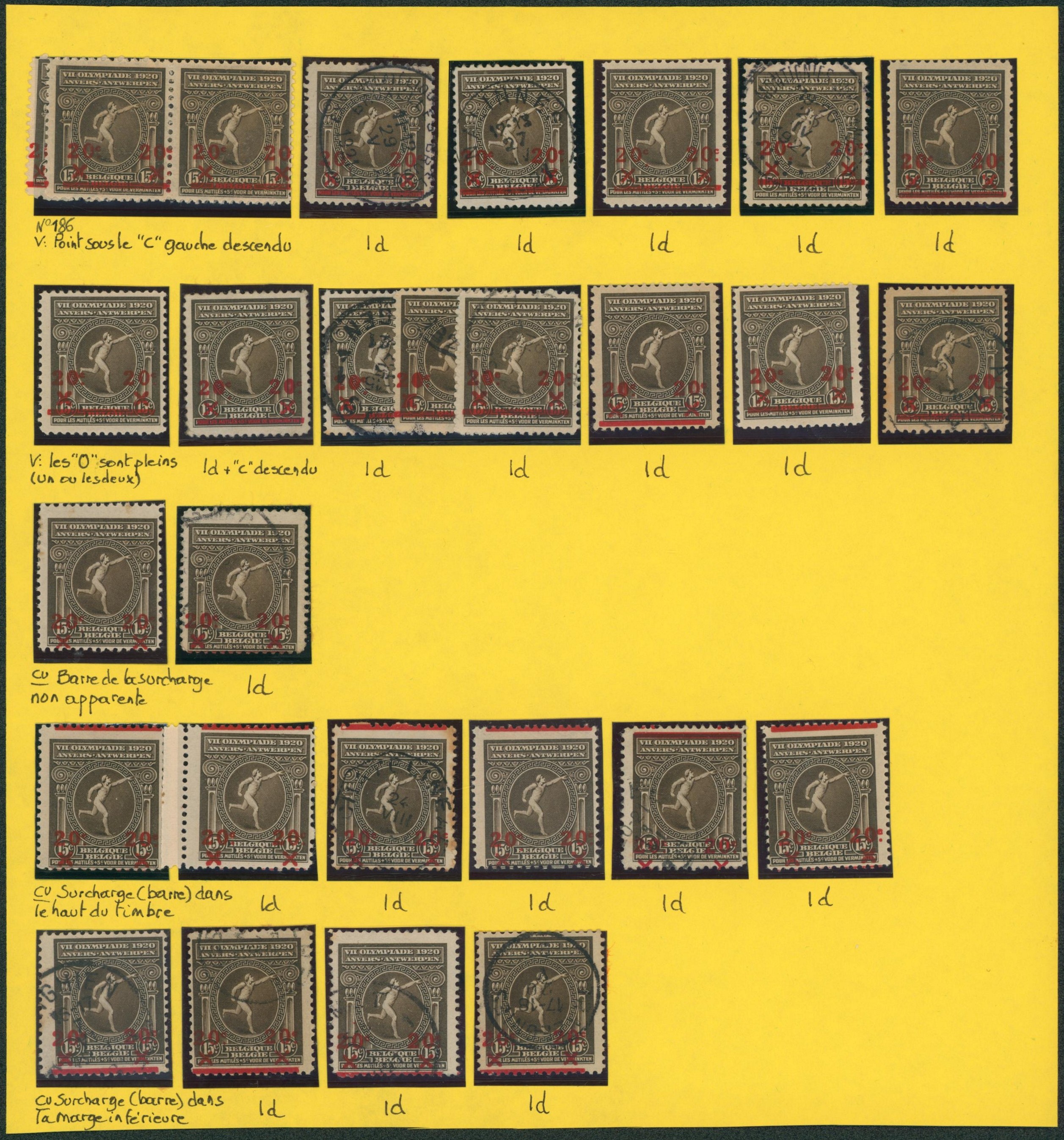 Page de collection - Jeux olympiques d'anvers (J.O.) n°186 x70 exemplaires (+) avec étude de variété, curiosité (Luppi). Bel ensemble, à voir !